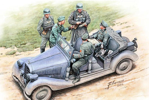 Master Box Ltd 1/35 Where are the damed roads? WWII German Military Car (w/5 Figures & Dog) Kit